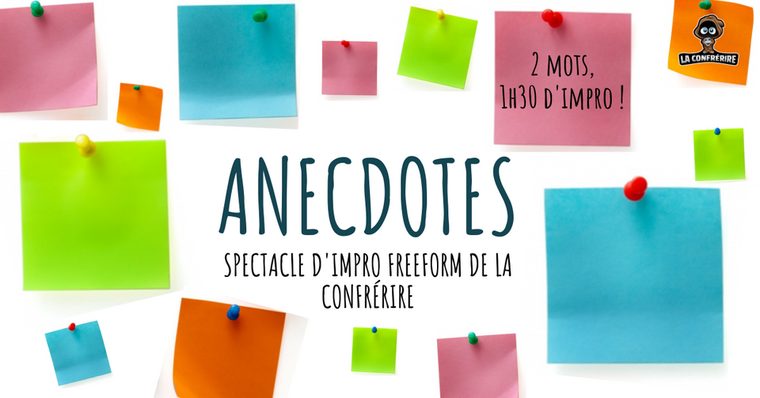 Affiche du spectacle Anecdotes : post-it colorés sur fond blanc
