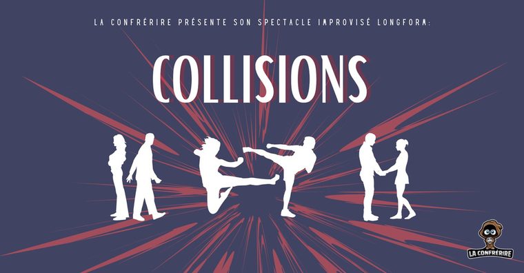 Affiche du spectacle Collision : silhouettes de comédiens sur fond bleu nuit